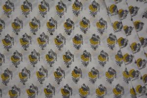 YELLOW AND GREY FLORAL BLOCK PRINT COTTON FABRIC-HF3559