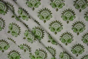 WHITE AND GREEN FLORAL PAISLEY COTTON HAND BLOCK PRINT FABRIC-NVHF4110