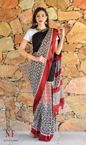 BLACK AND RED HAND BLOCK PRINTED COTTON SAREES -CBS17