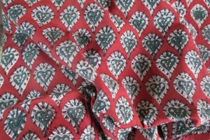 RED & GREEN LEAVES BLOCK PRINTED INDIAN COTTON FABRIC- HF129