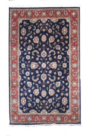RED BORDERED BLUE HAND KNOTTED WOOL RUGS FROM INDIA