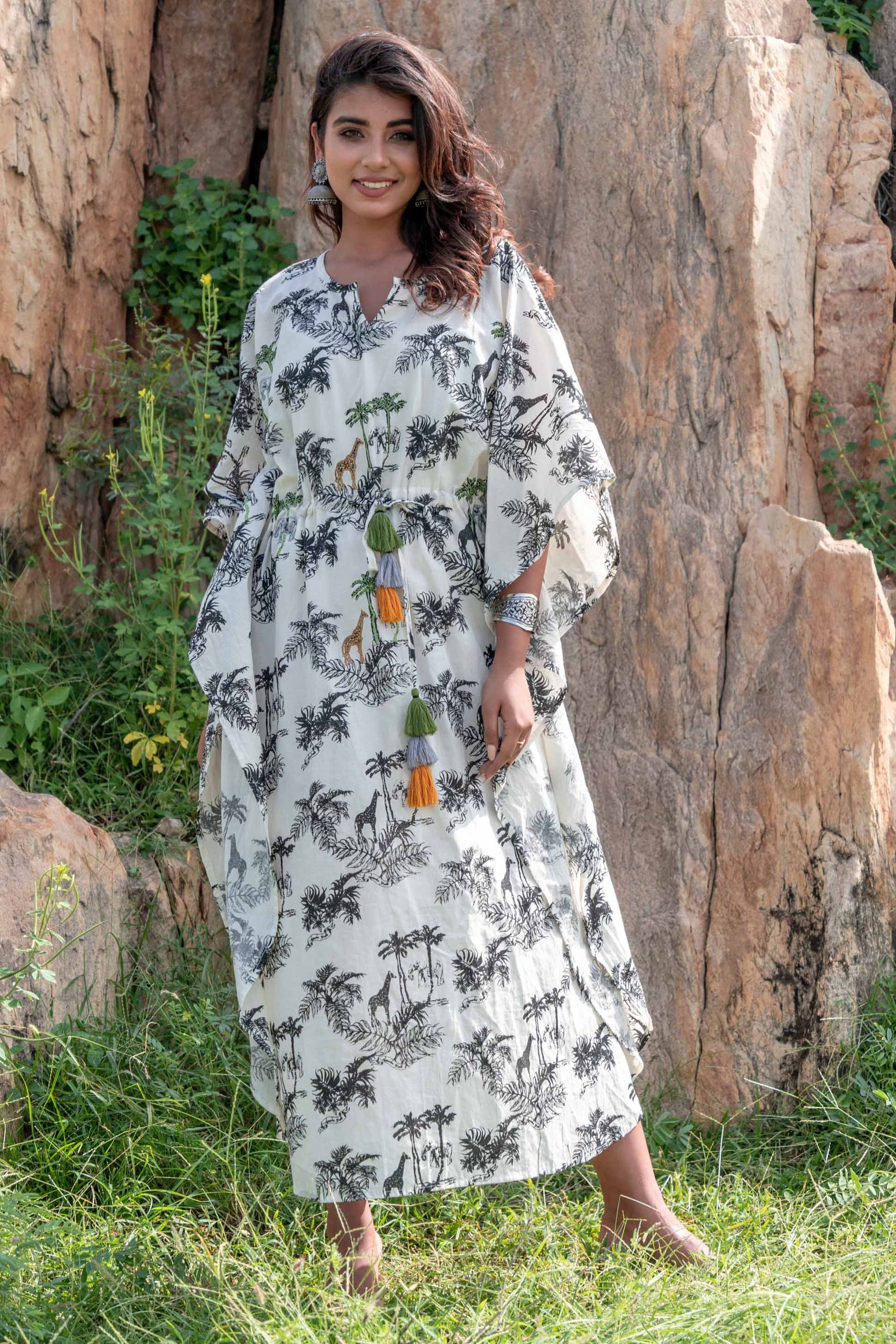 Black and white block printed kaftan dress by Keva | The Secret Label